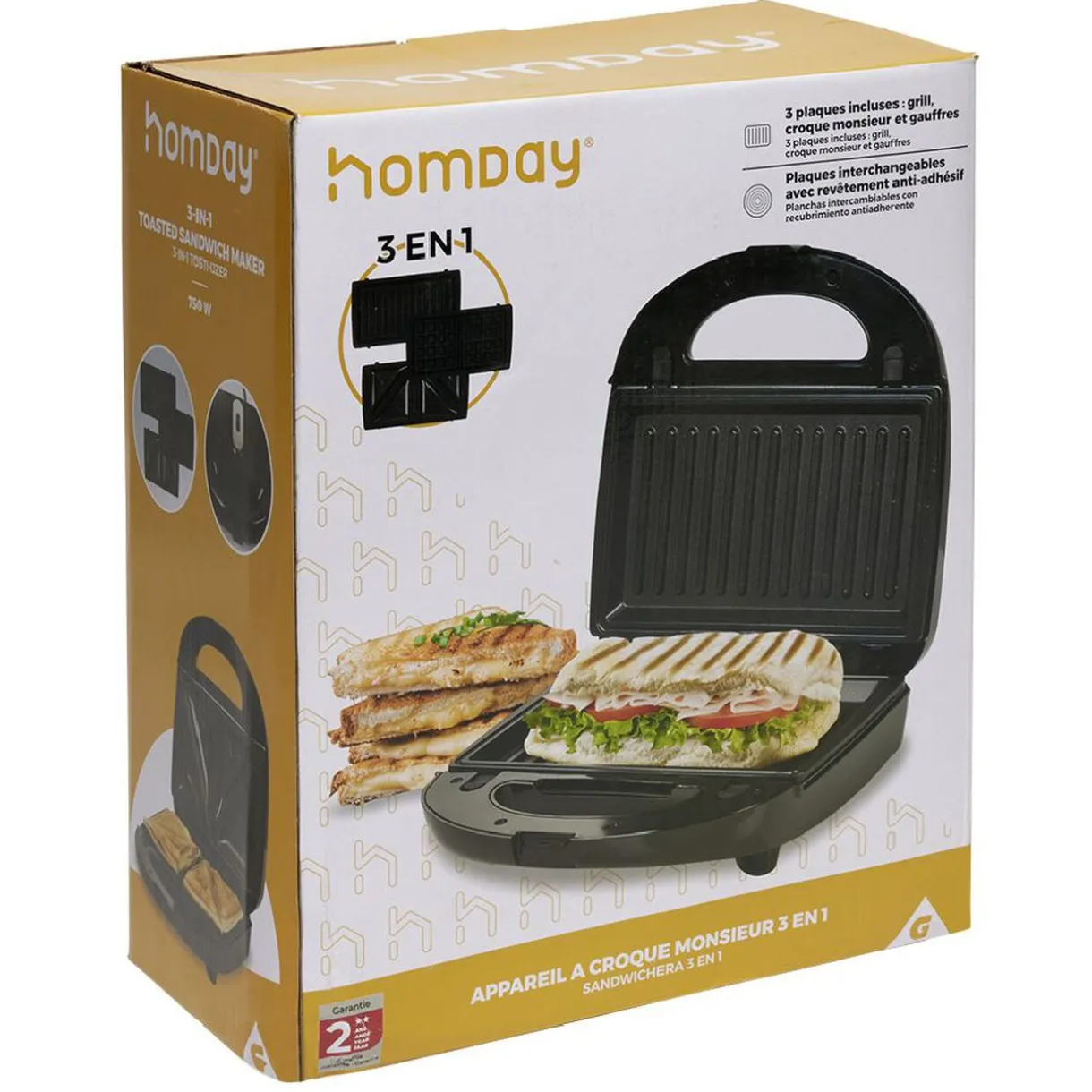 Gifi Appareil à croque monsieur 3en1 gaufre et grill 750W Hot