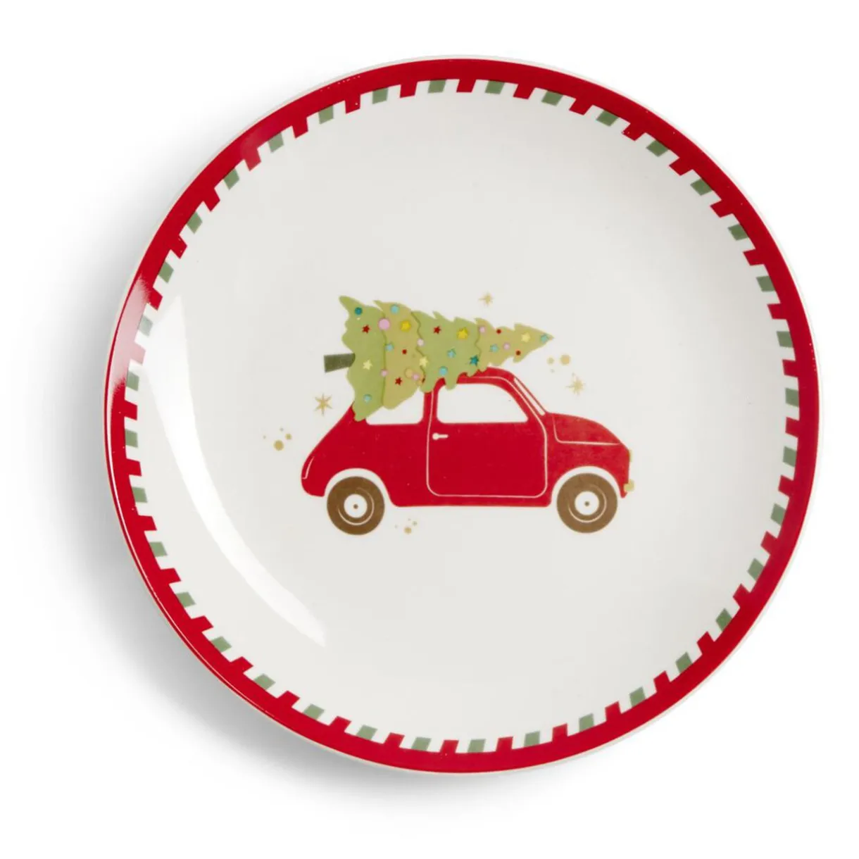 Gifi Assiette à dessert Noël porcelaine blanche motif voiture rouge Ø19cm Best