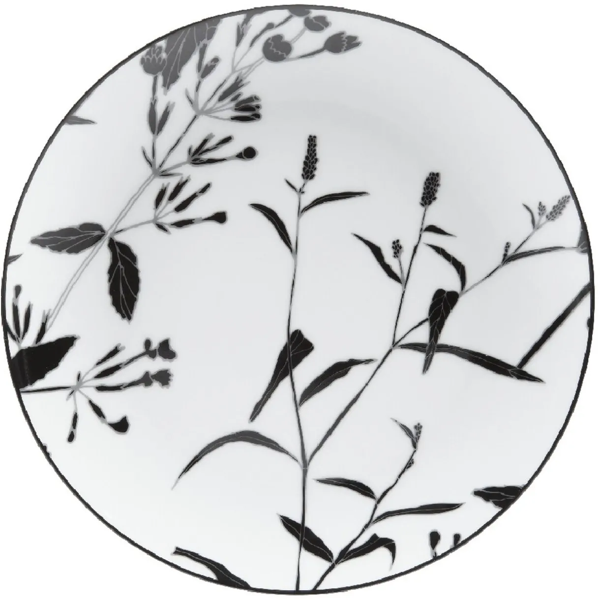 Gifi Assiette à dessert ronde blanche décor tiges feuilles noires