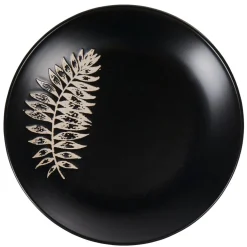 Gifi Assiette à dessert ronde noire motif plante blanche embossé