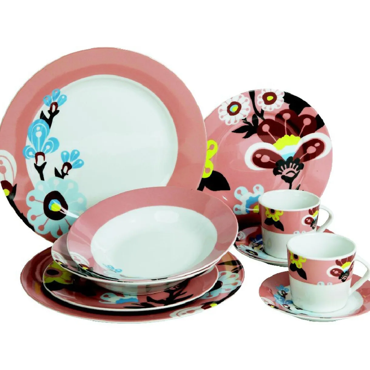 Gifi Assiette plate blanche et rose décor fleurs