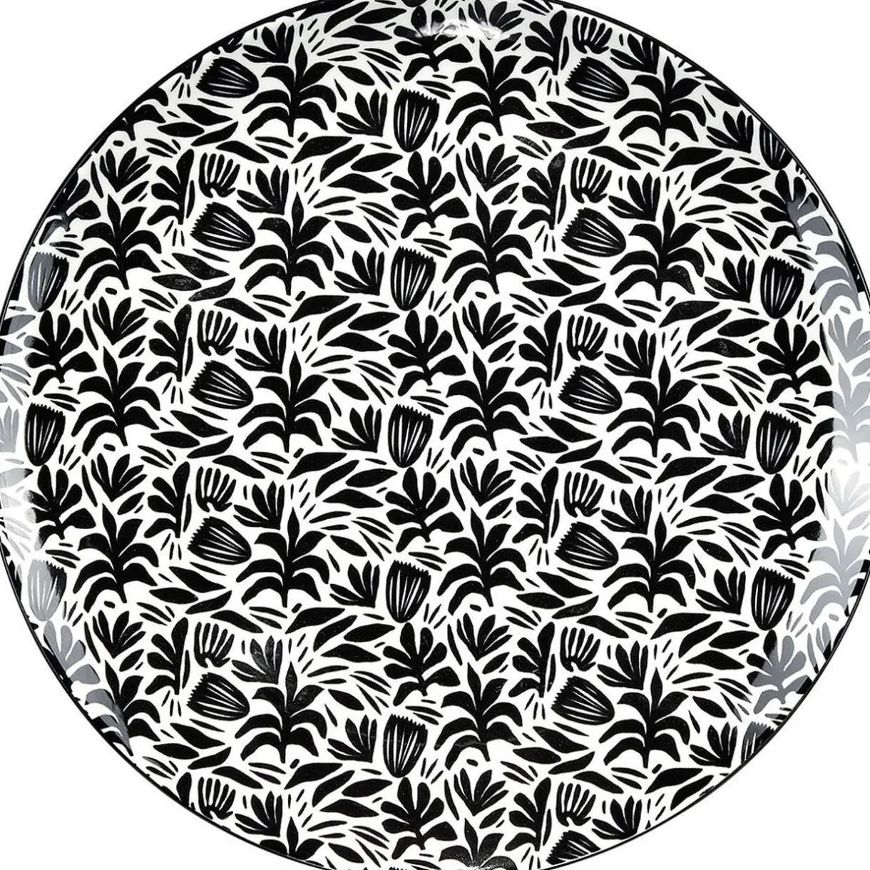 Gifi Assiette plate porcelaine motif feuillage noir blanc Ø24xH2,3cm