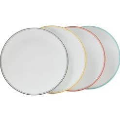 Gifi Assiette ronde plate porcelaine blanc avec bord coloré x4