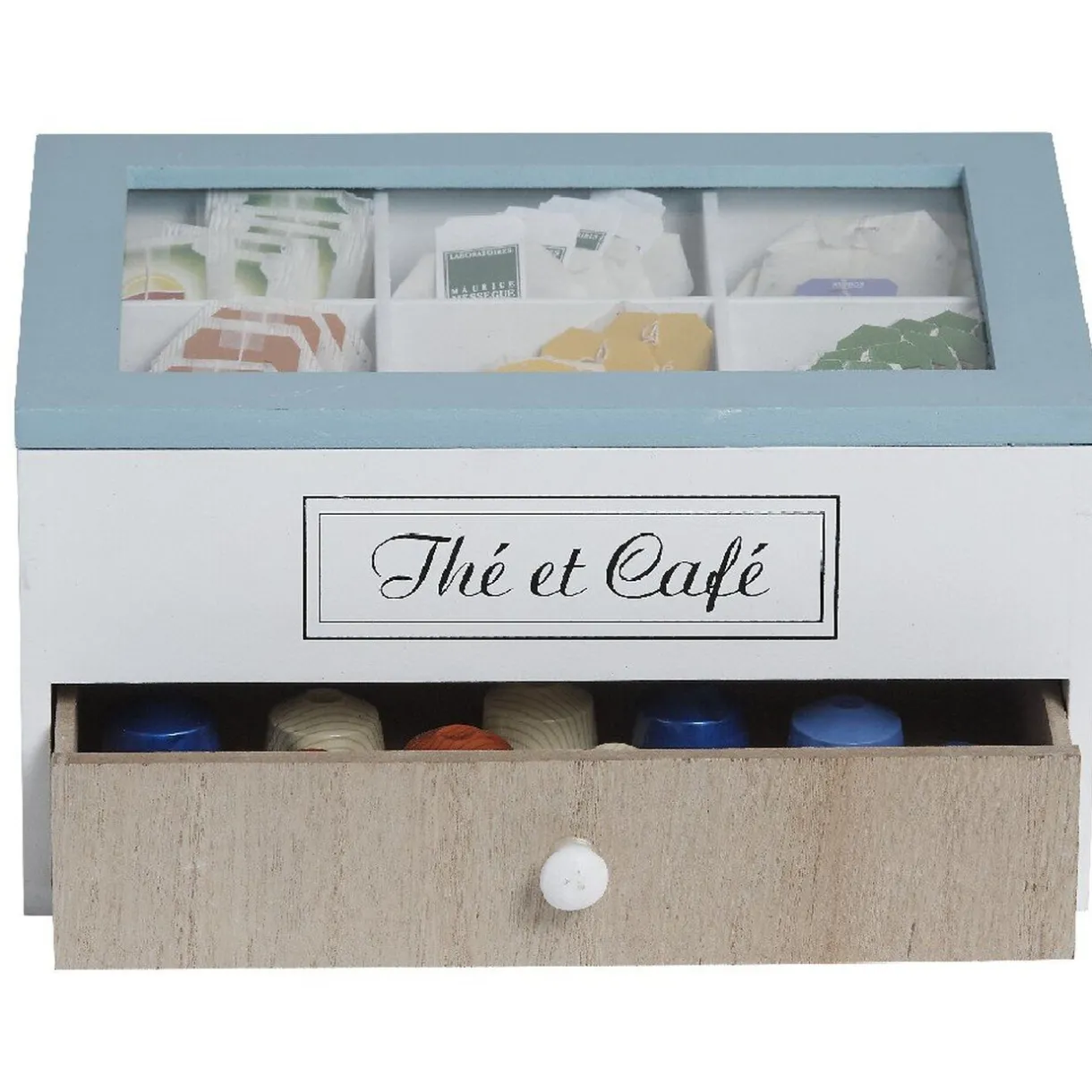 Gifi Boîte à dosettes Thé et Café blanc naturel et bleu