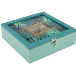 Gifi Boîte à thé carrée vert d'eau et décor tropical tea time Outlet