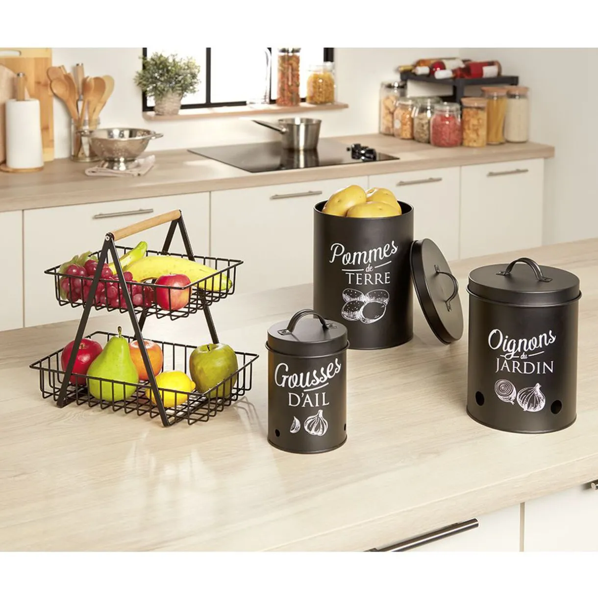 Gifi Boîte de conservation métal noir pour oignon Discount