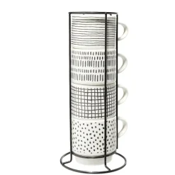 Gifi Lot de 4 tasses empilables 20cl porcelaine blanc et noir avec support métal Hot