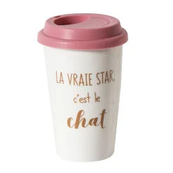 Gifi Mug de transport en céramique rose motif tête de chats doré 400 ml