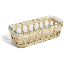 Gifi Plat à four en verre transparent et déco raphia beige 28x11,5xH8,5cm New