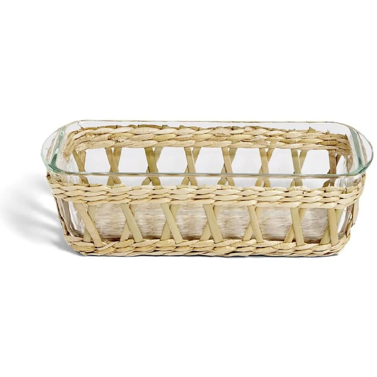 Gifi Plat à four en verre transparent et déco raphia beige 28x11,5xH8,5cm New