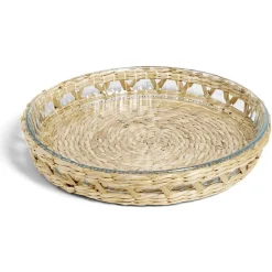 Gifi Plat à four en verre transparent et déco raphia beige Ø27,5xH4,5cm Hot