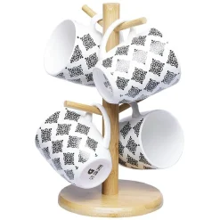 Gifi Set 4 mugs décor arabesque noir et blanc et support en bambou Best
